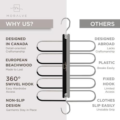 MORALVE Pants Hangers Space Saving - 2 Pack European Beechwood Scarf and Jean Hangers - Closet Organizer and Space Saver Pant Rack, Leggings Hanger, and Scarf Holder with 360° Swivel Hook
