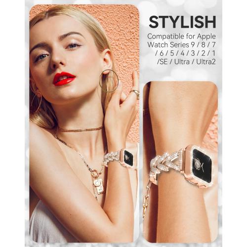 Rhinestones Encrusted Metal Bracelet and Case, Compatible with Apple Watch Bands 38mm-49mm (Series 10/1/SE/Ultra 2)- Bling Gold Women's Jewelry Strap, Luxury iWatch Bracelet with Screen Protector