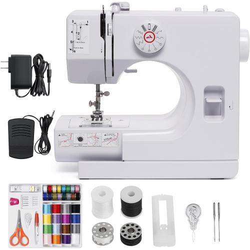 Mini Electric Sewing Machine for Beginners, Portable Sewing Machine for Kids Adults, Built in Lights &12 Stitches & Reverse Sewing & 2 High-Low Speeds & Foot Pedal &42PCS Sewing Toolkit(White)