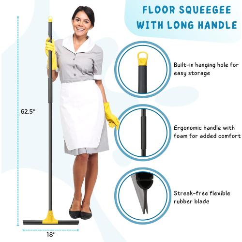 Squeegee Broom for Floor, Heavy Duty Rubber Wiper with Long Handle for Bathroom Tile, Garage Concrete, Deck, Shower Glass, Window Cleaning