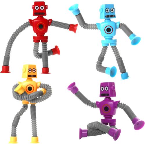 Set of 4 Valentines Day Gift for Kid Toddlers Boy Year Old Age 3 4 5 6 7 8, Set of 4 Flexible Fidget Toys, Telescopic Suction Cup & Pop Tube Robot, Autistic Easter Basket Christmas Stocking Stuffers