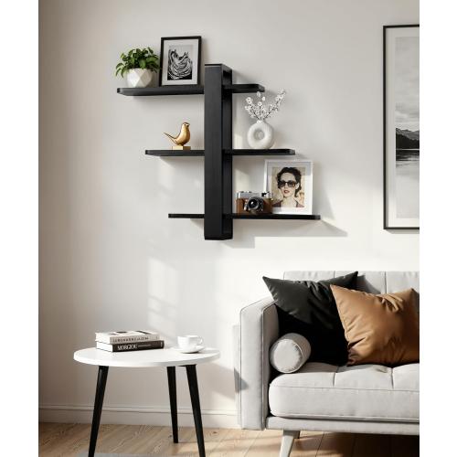 Black Floating Shelves for Wall Mounted Shelving Unit All Pine Wood 3 Tier Large Shelf for Bedroom Living Room Office Bathroom Home Decoration Storage Plant Photo Display Modern 20in