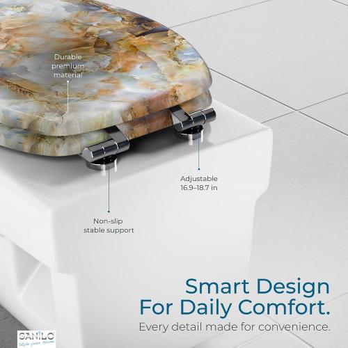 SANILO Wooden Toilet Seat with Soft Close [ELONGATED] - Decorative, Quiet & Slow Close Molded Wood Seat - With Strong Bumpers & Hinges - Adjustable Fit - Marble Brown