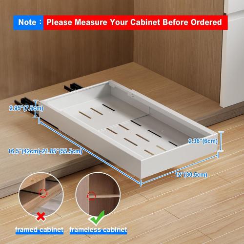 2 Pack Pull Out Cabinet Organizer, 21.8 Deep Slide Out Drawer for Cabinets Adhesive Pull Out Drawers Heavy Duty Pull Out Shelves for Kitchen, Cupboard, Pantry, Bathroom-White