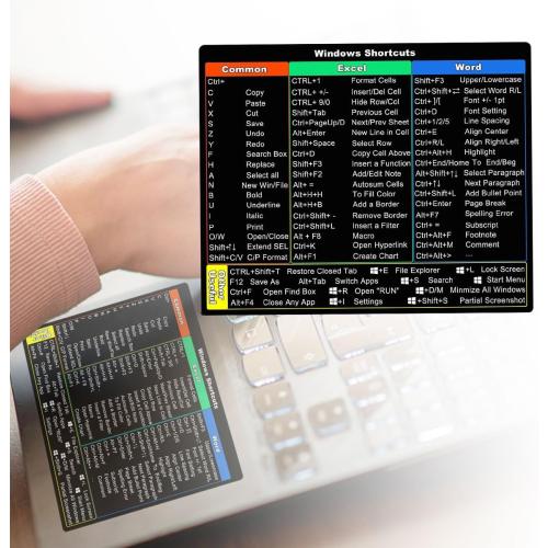 Windows Shortcut Sticker, Black Colorful Keyboard Shortcuts Stickers for Windows, Word, Excel, Laminated Vinyl Waterproof Sunproof Scratch-Resistant Cheat Sheet for Laptop, Work from Home Essentials