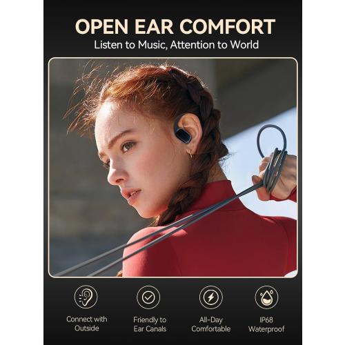 Color Black Demicca True Wireless Bone Conduction Earphones, OWS Open Ear Headphones with Earhooks, Bluetooth 5.3, Up to 60H Playtime with Case, IP68, AAC/SBC, for Cycling Yoga Workouts