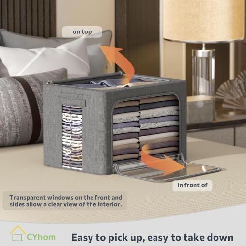 CYhom 3Pack Foldable Storage Bins - Frame Storage Box Linen Fabric Stackable Clothes Container Organizer with Clear Window & Carry Handles Large Capacity (Extra Large-100L, Dark Gray)