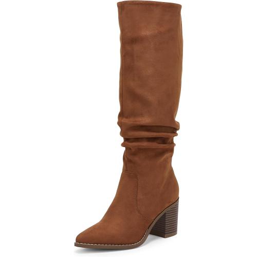 Size 7 Huiyuzhi Womens Pointed Toe Mid Chunky Heel Side Zipper Knee High Boots Tall Booties