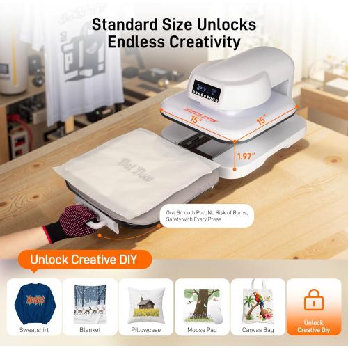 Heat Press Machine for T Shirts, 15x15 Auto Shirt Press Machine w/ 4 Memory Modes, 15 Mins Auto-Off, Precise Temp/Timer Control, Fast Even Heat for Sublimation, HTV, Heat Transfer Projects