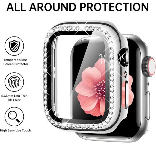 Mesime Compatible with  Watch Band 38mm 40mm 41mm 42mm 44mm 45mm 46mm, Women Bling Jewelry Bands with Tempered Glass Screen Protector Case, Shiny Strap for iWatch Series 11/10/9/8/7/6/5/4/3/2/1/SE