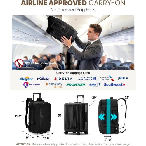 Fanwoli Rolling Vacuum Backpack Travel with One-Button Compression, Expandable Carry-On Suitcase Luggage, Approved TSA Lock & Water-Proof Laptop Compartment for Outdoor/Family/Business Trips