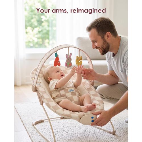 Tiny Marvels Baby Bouncer, Baby Bouncer Seat with Music for 0-6M, 20lbs | Soothing vibration, sensory toys, 3-point safety harness, machine washable seat, melodies 0–6 months, baby boy
