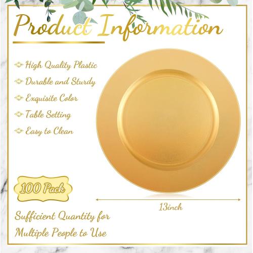 100 Pcs Charger Plates Bulk 13 Inch Round Wedding Chargers Plastic Plate Dinner for Wedding Party Baby Shower Table Setting Event Decoration(Gold)