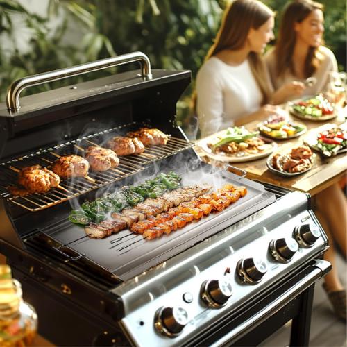 LotFun 25 x 16 Stainless Steel Cooking Griddle for Outdoor Gas Grill, Universal Griddle Flat Top Plate Insert with Grease Groove and Removable Handles for Electric/Charcoal/Gas Grill, Camping,Party
