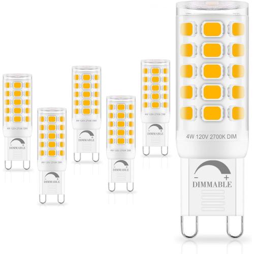 Sailstar G9 LED Bulb Dimmable 2700K Soft Warm White 6 Pack, T4 G9 4W Replacement for 40 Watts Halogen, Ceramic Bi Pin Base, 120V 400 Lumen 360°Beam Angle, G9 Light Bulbs for Chandelier