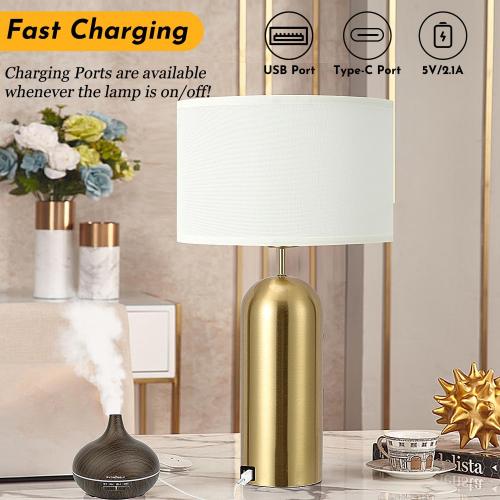 Gold Lamps Set of 2 Touch Control 3-Way Dimmable Bedside Nightstand Lamps Bedroom Lamps Modern White& Gold Table Lamp with USB Type C Ports Tall Lamps for Living Room End Table Home Office