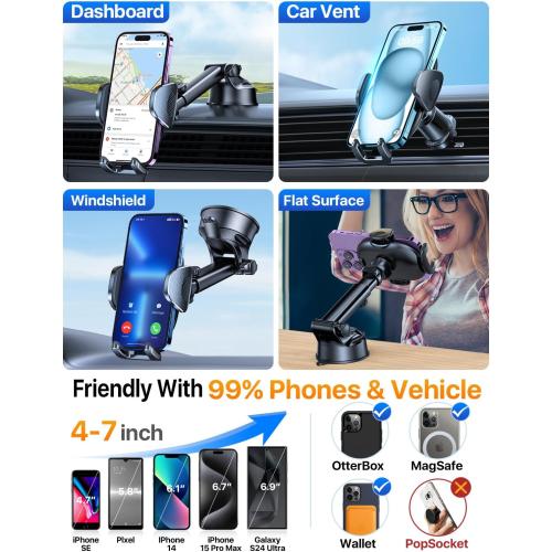 Color Black YRU [2025 Upgraded] Universal Car Phone Holder Mount【 360°Rotatable & Strong Suction】 Cell PhoneHolder Car Dashboard Windshield Phone Holder Dash Stand for iPhone 16 15 14 13 12 Samsung Truck, Black