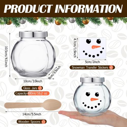 Bokon 3 Sets 16.2 oz Christmas Glass Jars with Lids Hot Chocolate Hot Cocoa Bar Supplies Snowman DIY Candy Jars Wooden Spoons for Marshmallow Cocoa Bombs Coffee Beans Christmas Party Favors