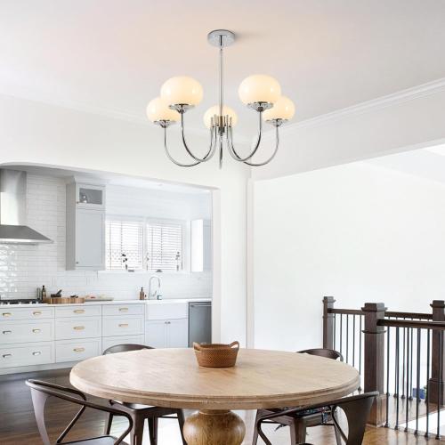 BOKT 5 Light Globe Chandelier Modern Milk Glass Chandelier Pendant Light White and Silver Vintage Semi-Flush Mount Ceiling Light for Kitchen Island Living Dining Room