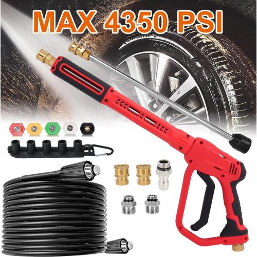 Color Red Brass Power Washer Gun and Hose Kit, Pressure Washer Gun with 26FT Washer Hose & 2 Extension Wands, M22 Fitting, 5 Nozzle Tips,4350PSI