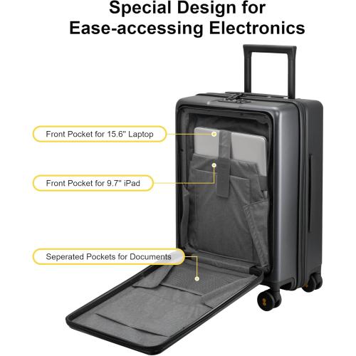 LEVEL8 Carry On Luggage with Compartment, 20 Inch Lightweight Hard Shell Rolling Suitcase with Wheels Airline Approved with Front Pocket, Double Tsa Locks, Grey