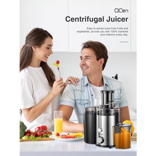 Color  black Qcen Juicer Machine, 800W Centrifugal Juicer Extractor with Wide Mouth 3” Feed Chute for Fruit Vegetable, Easy to Clean, Stainless Steel, BPA-free (Black)