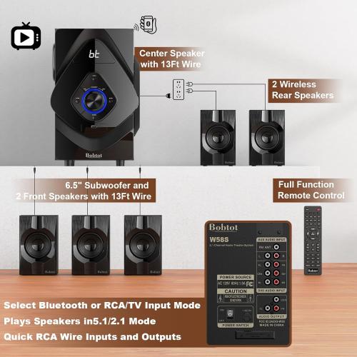 Bobtot Home Theater System Wireless Rear Satellite Speakers 800W 6.5 inch Subwoofer 5.1/2.1 Channel Surround Sound Systems with ARC Optical Bluetooth Input