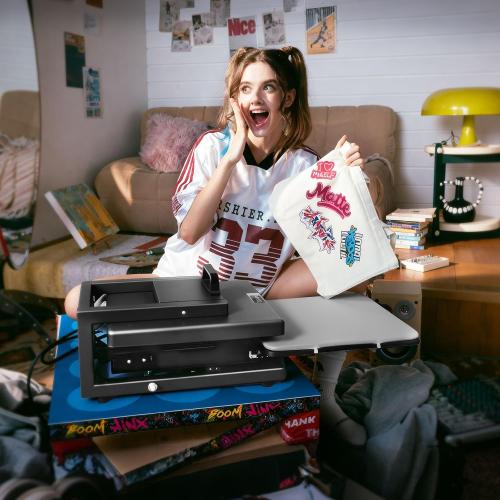 Color light blue VEVOR Hybrid Heat Press, 15 x 15 inch, 8-in-1 Multifunction, Heat Up Fast and Even, All-New Patented Design, Easy to Control, Sublimation Press Machine for T-Shirts/Mugs/Tumblers/Caps/Plates,