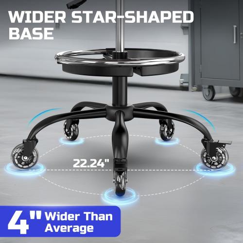 Rolling Shop Stool with Wheels, Garage Mechanic Stool Chair with Backrest, Height Adjustable Heavy Duty Swivel Task Chair, Adjustable Footrest with Storage Tray for Garage Kitchen Salon Tattoo (Blue)