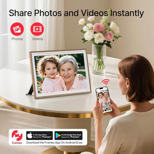 Frameo 10.1 Digital Picture Frame, Smart WiFi Digital Photo Frame with 1280x800 HD IPS Touch Screen 32GB Storage Auto-Rotate Wall Mounted, Share Photos/Videos Remotely(Brown&White)