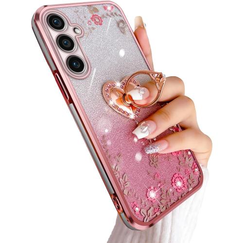 for Galaxy S23-FE Case, Samsung S23 FE Phone Case TPU Crystal Butterfly Heart Floral for Women Magnetic Shockproof with Kickstand [Glitter Card & Strap] Protection Cover for S23 FE 5G (Glitter Rose)