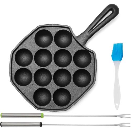 Anxingo Cast Iron Takoyaki Pan - 12 Hole Heavy Duty Square Cooking Plate Octopus Ball Maker 1.5 Half Sphere Takoyaki Maker for Baking Cooking