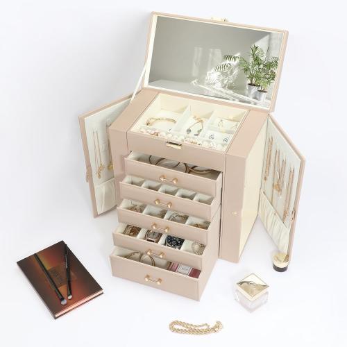 Jewelry Storage Box, Jewelry Organizer with 22 Necklace Hooks, Large Jewelry Box for Ring Bracelet Necklace Earrings (Apricot)