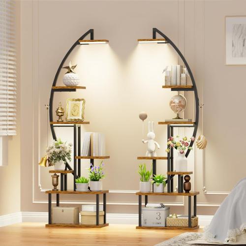 BACEKOLL Plant Stand with Grow Lights 2 Pack Tall Indoor Plant Shelf 64 | 7-Tier 2 Pack 64 Plant Stands, Grow Lights Dual-Head, 14 Potted Stands   2 Hangers, Half-Moon, Iron Frame, for Patio, Black