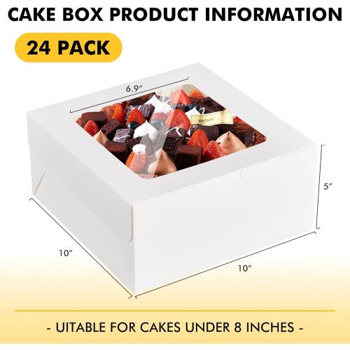 RACETOP 24pcs Cake Boxes with Window, 10x10x5 Inches White Bakery Boxes, Cookie Dessert Boxes, Pastry Box, Square Cardboard Cake Box for Cake, Birthday Party, Donuts, Wedding