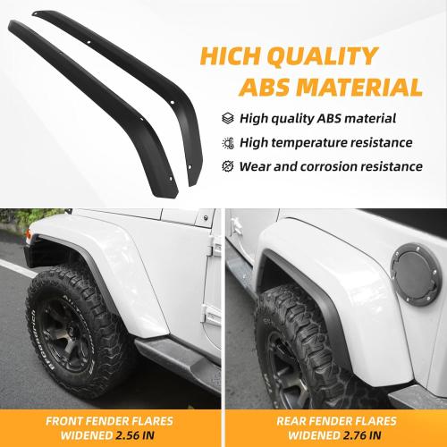 Front & Rear Fenders Flares Extension for 2007-2018 Jeep Wrangler JK JKU Widened Wheel Fenders Flares, Installed on the Original Fender Flares