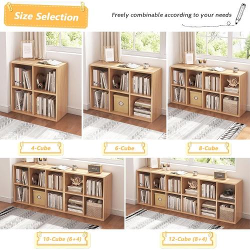 NELYE 8 Cube Organizer Bookcase - Fabric Storage Bins Container, Open Shelf Simple Compartments Bookshelf, Oak