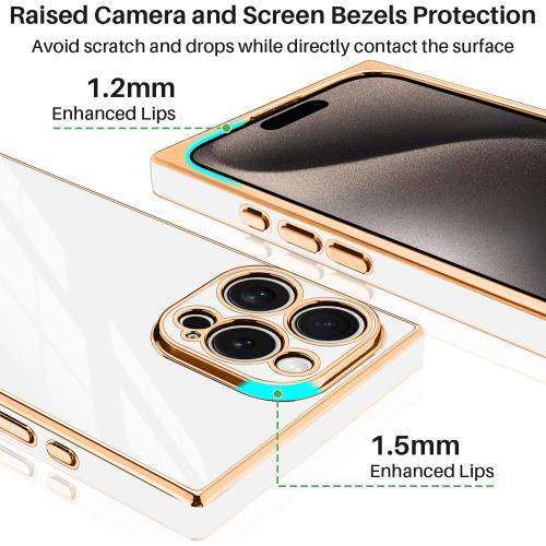 Designed for iPhone 15 Pro Case Rectangle, Works with Magnetic Wireless Charging, Full Lens Protection, Flexible TPU Electroplated Edge for Women Men Phone Case for iPhone 15 Pro White