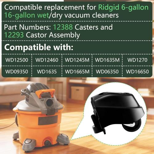 12388 Foot Caster & 12293 Caster Wheel Kit Compatible with Ridgid 6 & 16 Gal Wet/Dry Vacuum, Vacuum Casters Wheel Plate-Casters (1Pack)