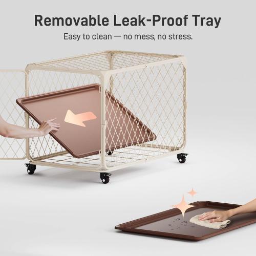 Diamond Mesh Dog Crate for Small Dogs, 30 Inch Metal Dog Kennel with Lockable Wheels, up to 70lbs, Double Secure Latch Dog Cage with Removable Tray, Durable & Easy to Assemble, Beige