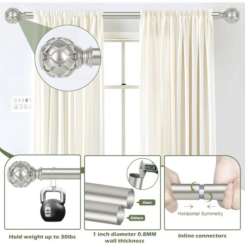 Silver Curtain Rods for Windows:Farmhouse Boho Decorative Curtain Rod for Bedroom Living Room,Heavy Duty Adjustable Rustic Drapery Pole Set with Vintage Coastal Finials,Antique Silver 36-88