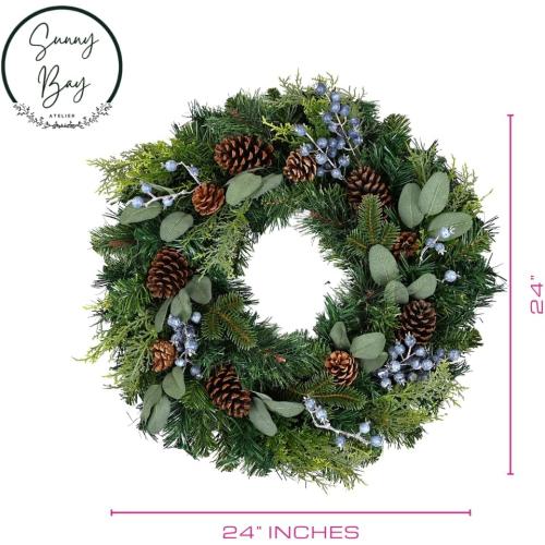 Prelit 24 Holiday Wreath – Lifelike Mixed Artificial Pine & Cedar with Blueberries and 50 Battery-Operated Color-Changing LED Lights, Steady, Twinkle Lights