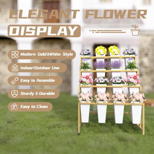 Flower Display Stand with 16 Buckets, 4 Layers Flower Bar, Gold Metal Plant Stand with Wheels, Heavy Duty Flower Cart for Indoor Outdoor Patio Garden Wedding Florist, Gold Metal Frame