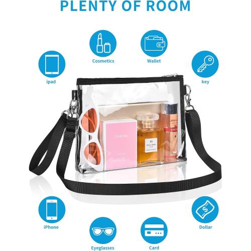 Bagenius Clear Purse Stadium Approved, Crossbody Bag with Detachable Straps | 0.5mm Thickened PVC, 7.5x10x1.5 Inches Stadium Approved, Transparent bag for Concert, Festival, Game Day, Sports, Black