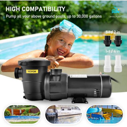 VEVOR Swimming Pool Pump, 2.0HP 115 V, 1500 W Single Speed Pumps for Above Ground Pool w/ Strainer Basket, 5400 GPH Max. Flow, Certification of ETL for Security