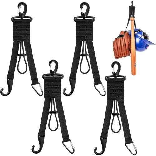 Deekin 4 Pcs Baseball Softball Gear Hanger 3 in 1 Dugout Organizer Bat Holder with Glove Clip and Helmet Hook for Fence Bag Water Bottle Hiking Camping (Black)