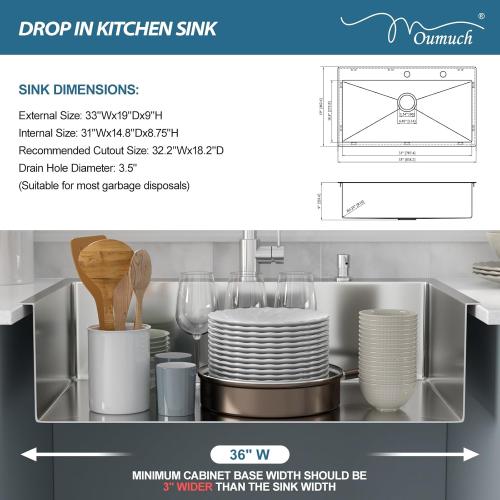 33 Inch Drop In Kitchen Sink - 33x19 Stainless Steel Kitchen Sink T304 18 Gauge Topmount Sinks Single Bowl Handmade Sinks Above the Counter, 9 Deep