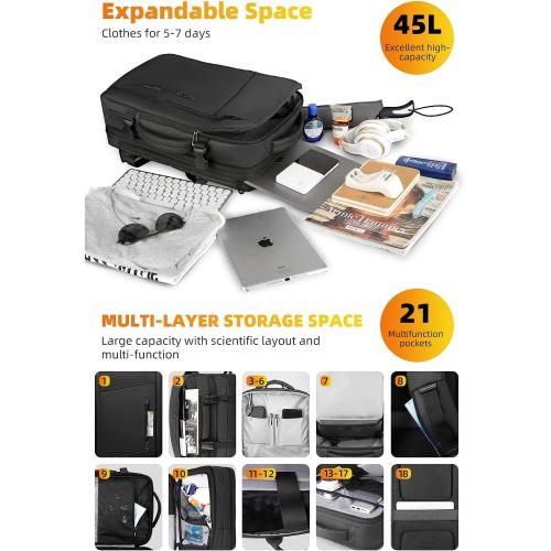MARK RYDEN Travel Backpack for Men, 45L Flight Approved Carry on Backpack, 17.3 Inch Laptop Backpack with USB Charging Port, Waterproof Business Backpack