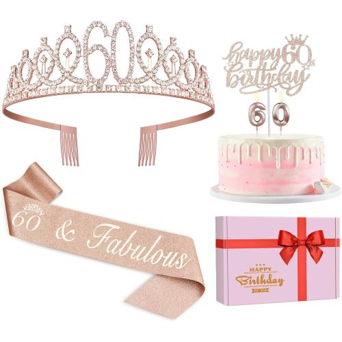 60th Birthday Decorations for Woman, Including 60th Birthday Sash and Crown, Cake Topper and Candles, 60 Year Old Gifts for Women