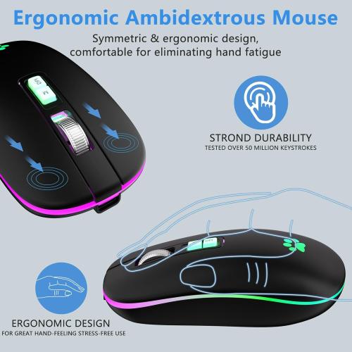 KARFUN Wireless Mouse, Backlit LED Portable Slim Computer Mouses for Laptop, PC, Computer, MacBook, iPad, Chromebook, Notebook, 2.4G Rechargeable Wireless Mouse (Black-Black Nose)